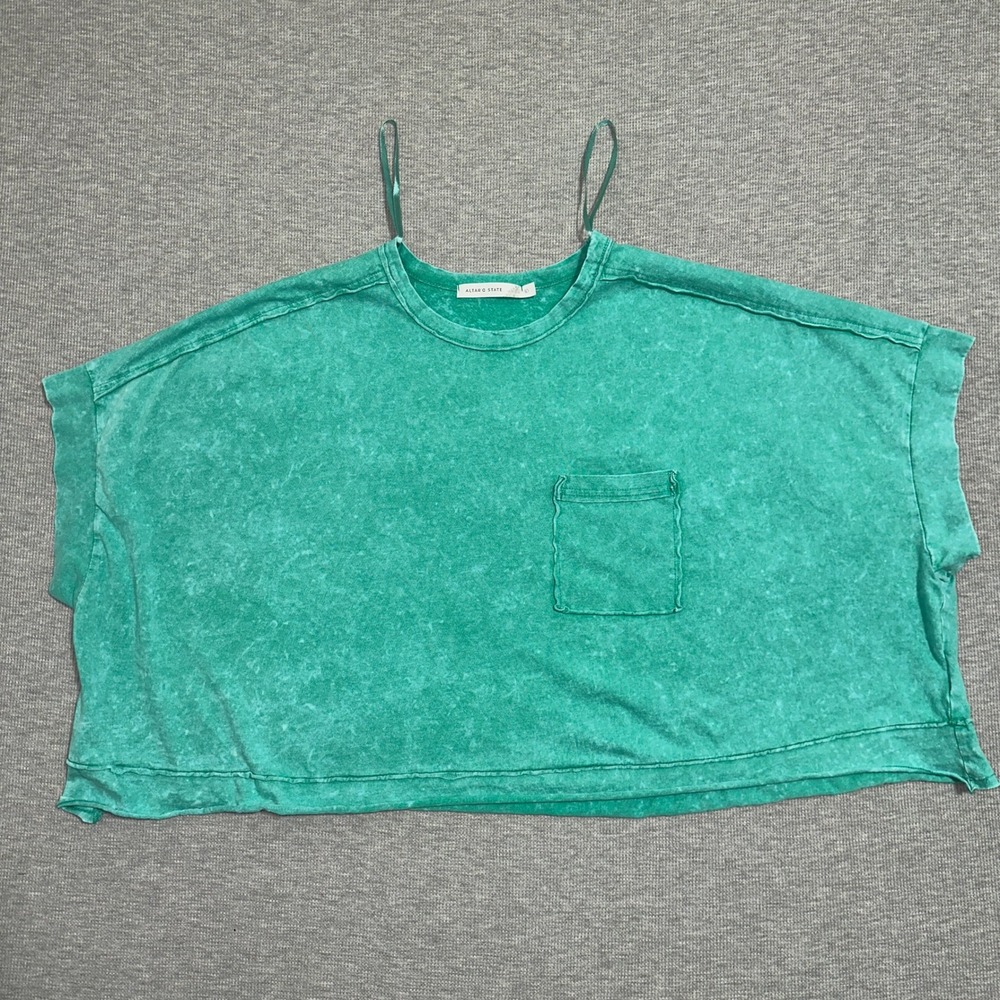 Altar'd State Womens Green Acid Wash Oversized Cropped Pocket T-Shirt Large
